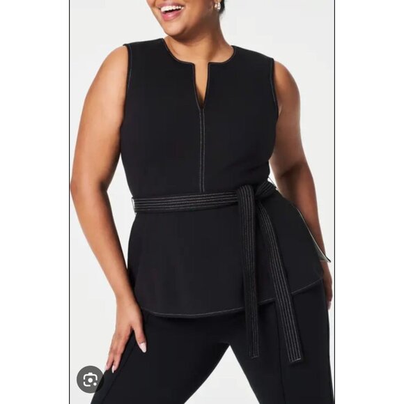 SPANX Contrast Stitch Tie Waist Ponte Top Women's Large Office Buisness Career - Picture 1 of 11